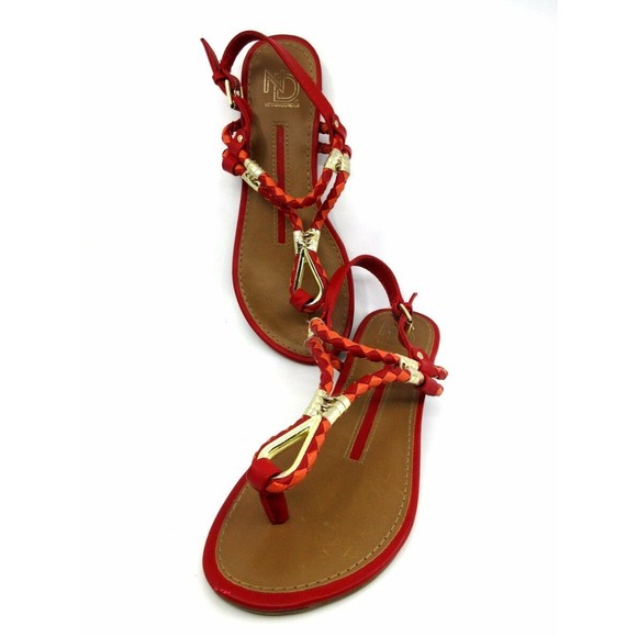 New Directions Tullia 2 Tone Red/Gold Woven Leather Ankle Strap Thong Sandals 7M - Picture 1 of 4